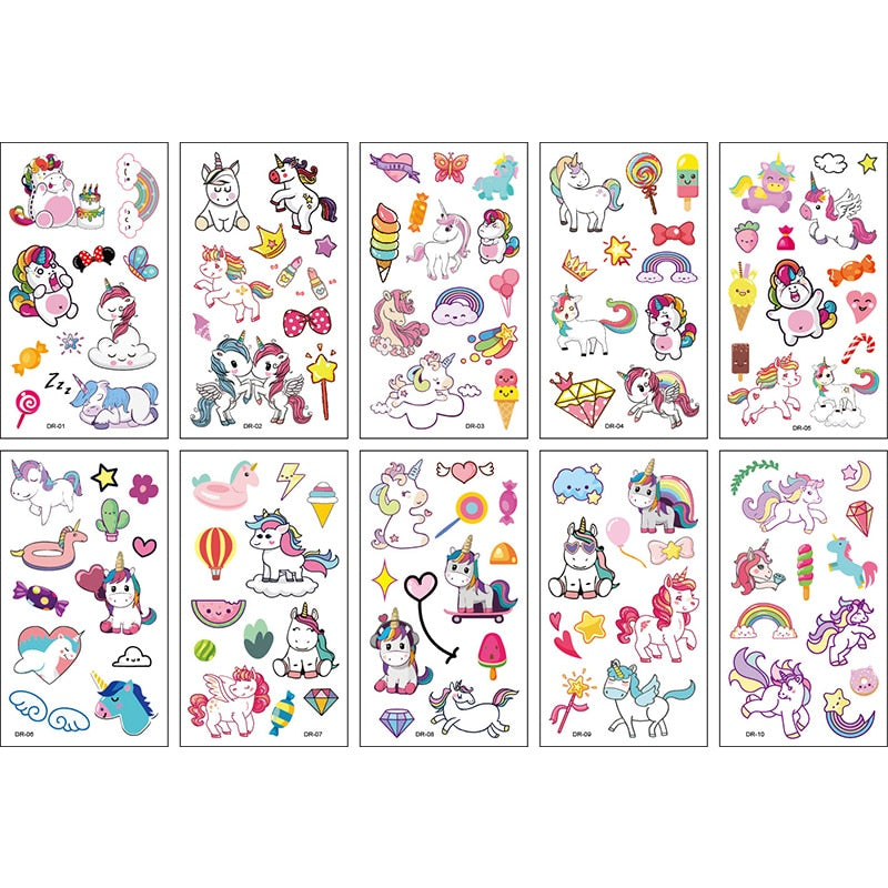 10Sheets/lot Children Cute Cartoon Unicorn Temporary Tattoo Stickers Baby Shower Kids Body Makeup Sticker Tattoos Mermaid Party