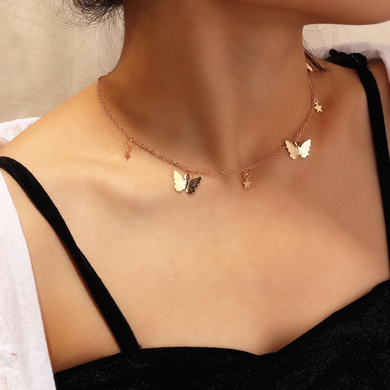 Vintage Multilayer Pendant Butterfly Necklace for Women Butterflies Moon Star Charm Choker Necklaces Boho Fashion Jewelry Gift