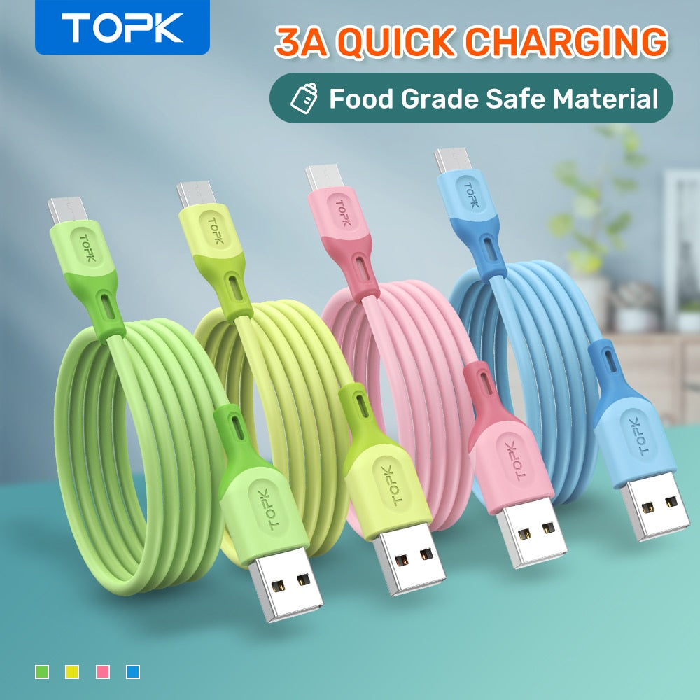 TOPK AN84 مايكرو USB نوع C كابل ل شاومي redmi نوت 9 3A شحن سريع السائل سيليكون الهاتف المحمول كابل البيانات لسامسونج
