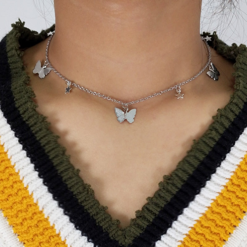 Vintage Multilayer Pendant Butterfly Necklace for Women Butterflies Moon Star Charm Choker Necklaces Boho Fashion Jewelry Gift