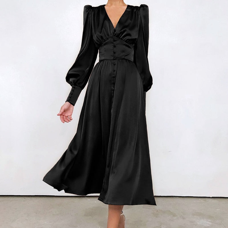 OOTN White Single Breasted Elegant Dress For Women Party Robe High Waist Satin Long Dress Chic Midi Dresses Lantern Sleeve 2022