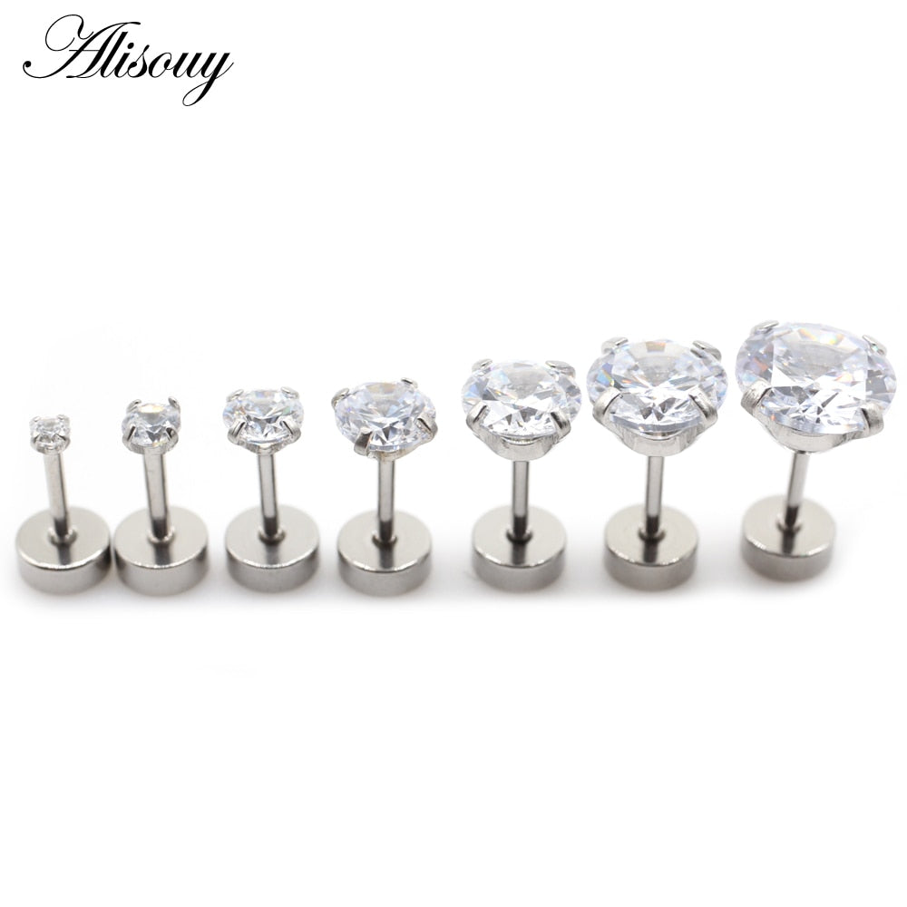 Alisouy 2pcs Stainless steel Unisex Women Men Round Crystal Zircon Ear Studs Earrings 4 Prong Tragus Cartilage Piercing Jewelry