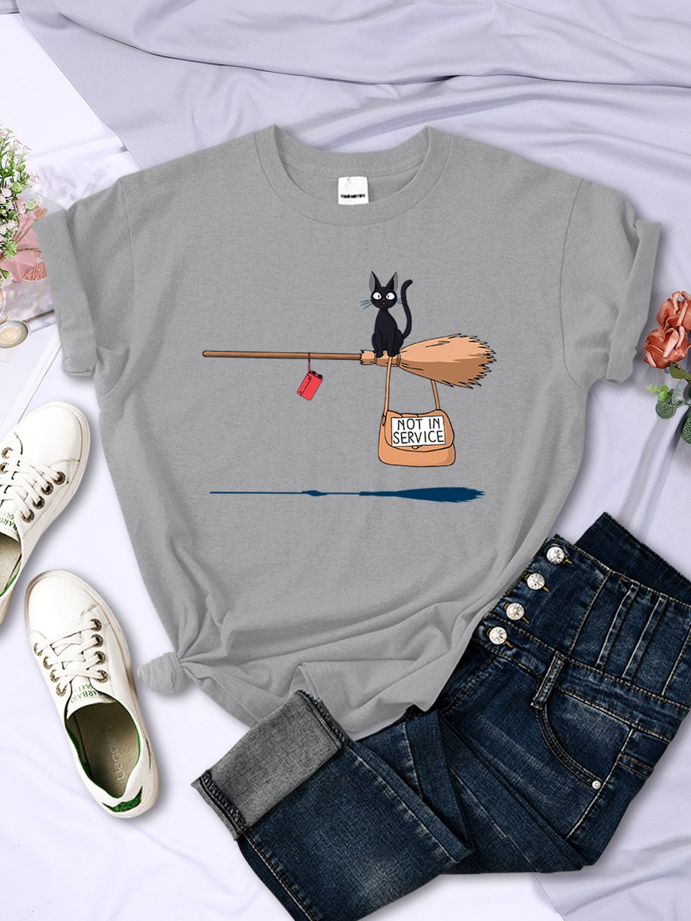 Cute Cat Not In Service Comics Tops Women Soft Cartoons Kawaii T-Shirt Fashion O-Neck Short Sleeve Female Clothing Couple Tees