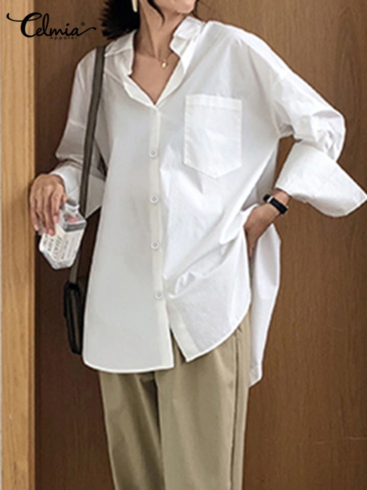 Celmia 2023 Fashion Shirts White Tunic Tops Autumn Women Long Sleeve Blouse Casual Solid Button Asymmetrical Loose Party Blusas