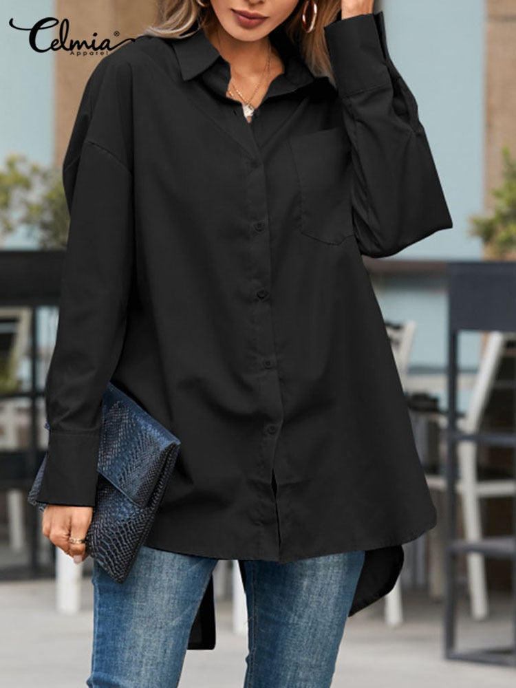 Celmia 2023 Fashion Shirts White Tunic Tops Autumn Women Long Sleeve Blouse Casual Solid Button Asymmetrical Loose Party Blusas
