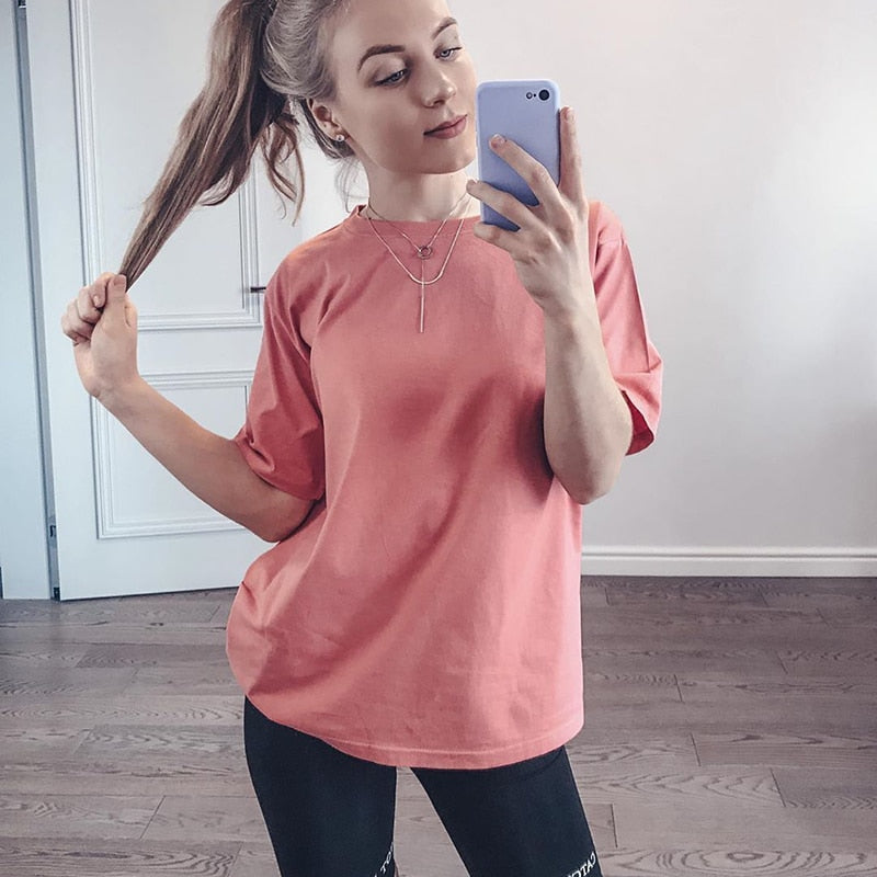 Hirsionsan Basic Cotton T Shirt Women Summer New Oversized Solid Tees 7 Color Casual Loose Tshirt Korean O Neck Female Tops