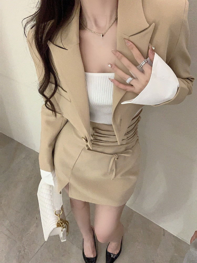 2 Piece Dress Set Women Casual Y2k Crop Tops Elegant Jacket Coats + Mini Skirts Korean Fashion Suits 2022 Autumn Blazers Dress