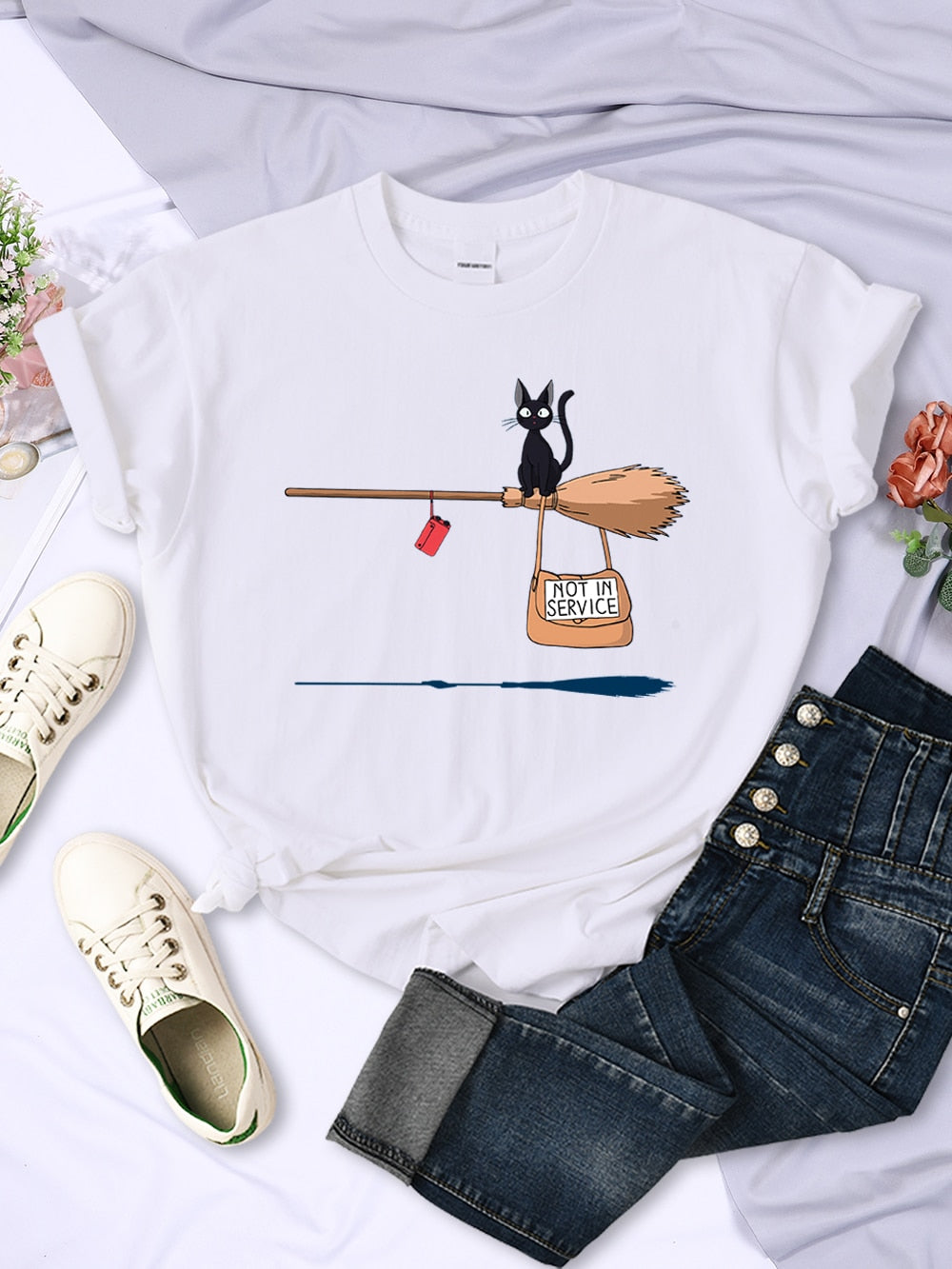 Cute Cat Not In Service Comics Tops Women Soft Cartoons Kawaii T-Shirt Fashion O-Neck Short Sleeve Female Clothing Couple Tees