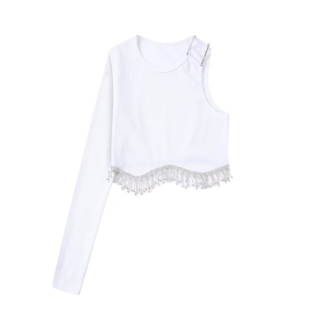 Zevity Women High Street Sexy Hem Tassel Diamond Beading Knitting T Shirt Chic Short Camis Tank Lady Slim Crop Vest Tops LS1311
