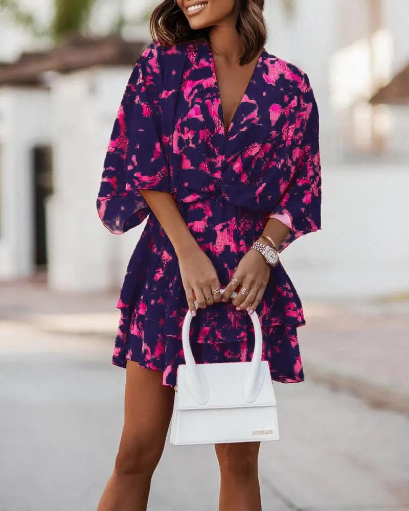 Women Sexy V Neck Mini Dresses Summer Boho Casual Floral Print Batwing Sleeve Dresses Female Ruffle Beach Party Dress Vestidos