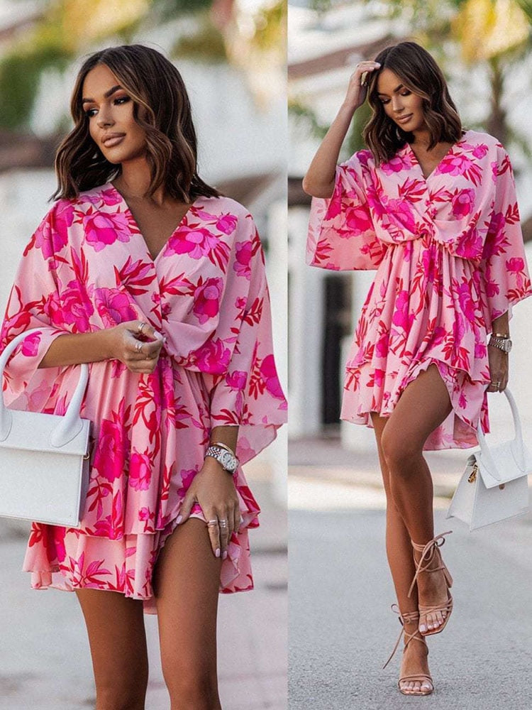 Women Sexy V Neck Mini Dresses Summer Boho Casual Floral Print Batwing Sleeve Dresses Female Ruffle Beach Party Dress Vestidos