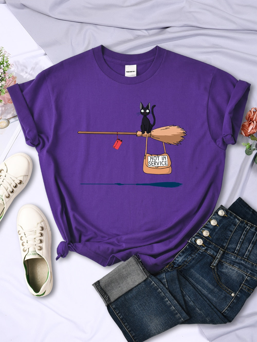 Cute Cat Not In Service Comics Tops Women Soft Cartoons Kawaii T-Shirt Fashion O-Neck Short Sleeve Female Clothing Couple Tees