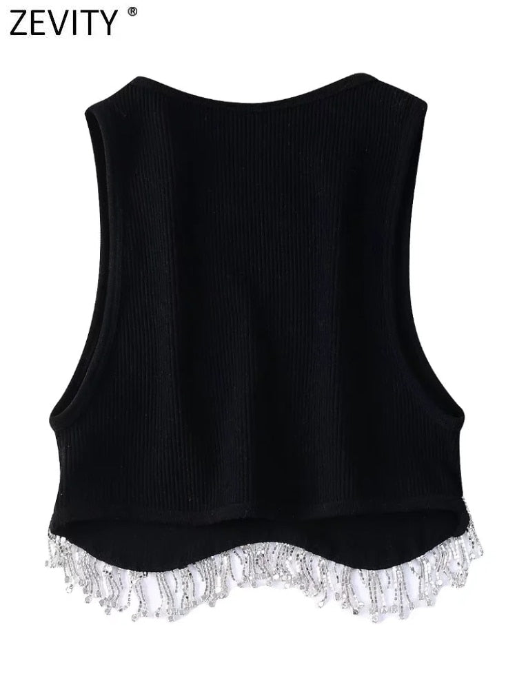 Zevity Women High Street Sexy Hem Tassel Diamond Beading Knitting T Shirt Chic Short Camis Tank Lady Slim Crop Vest Tops LS1311