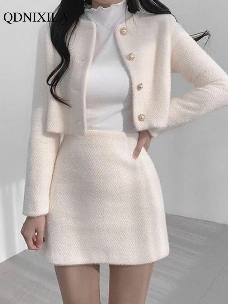2023 Spring Summer Korean Fashion Sweet Women's Suit with Skirt Two Piece Set for Women Dress Sets Matching Outfit Elegant Tweed