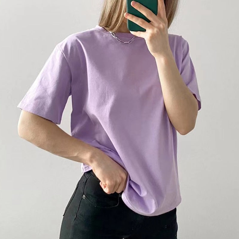 Hirsionsan Basic Cotton T Shirt Women Summer New Oversized Solid Tees 7 Color Casual Loose Tshirt Korean O Neck Female Tops