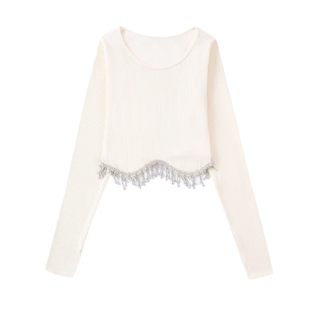 Zevity Women High Street Sexy Hem Tassel Diamond Beading Knitting T Shirt Chic Short Camis Tank Lady Slim Crop Vest Tops LS1311