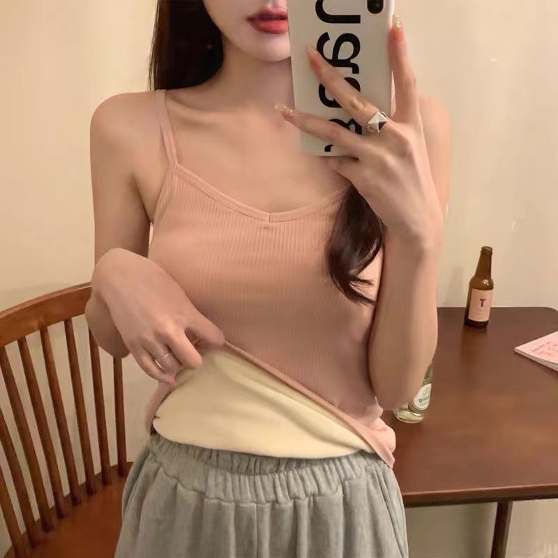 Winter Velvet Thickened Undershirt Women Solid Color Slim Cozy Thermal Underwear Camisole Warm Sling Vest Top Bottoming Clothing