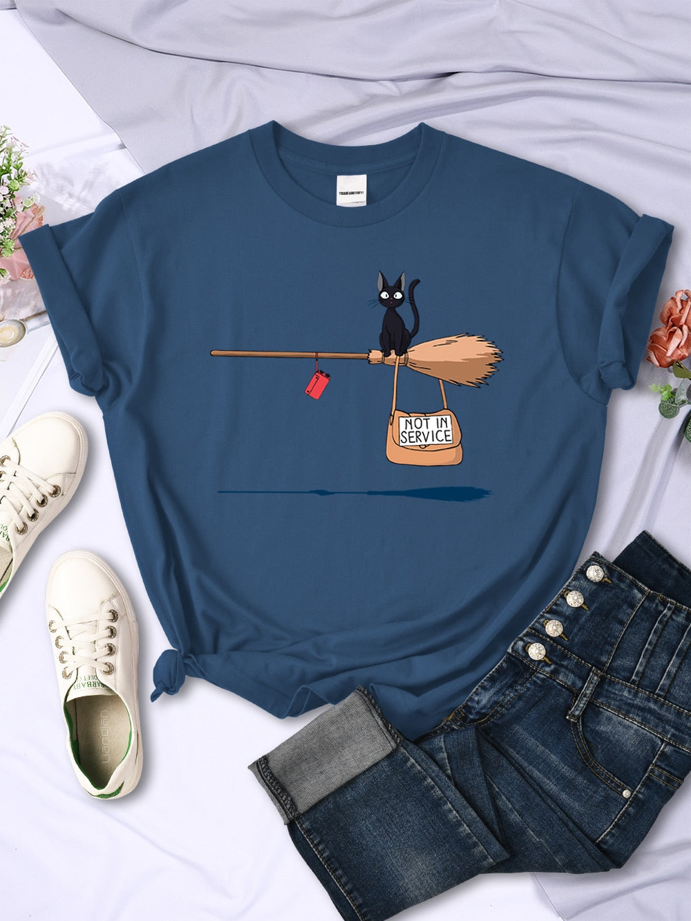 Cute Cat Not In Service Comics Tops Women Soft Cartoons Kawaii T-Shirt Fashion O-Neck Short Sleeve Female Clothing Couple Tees