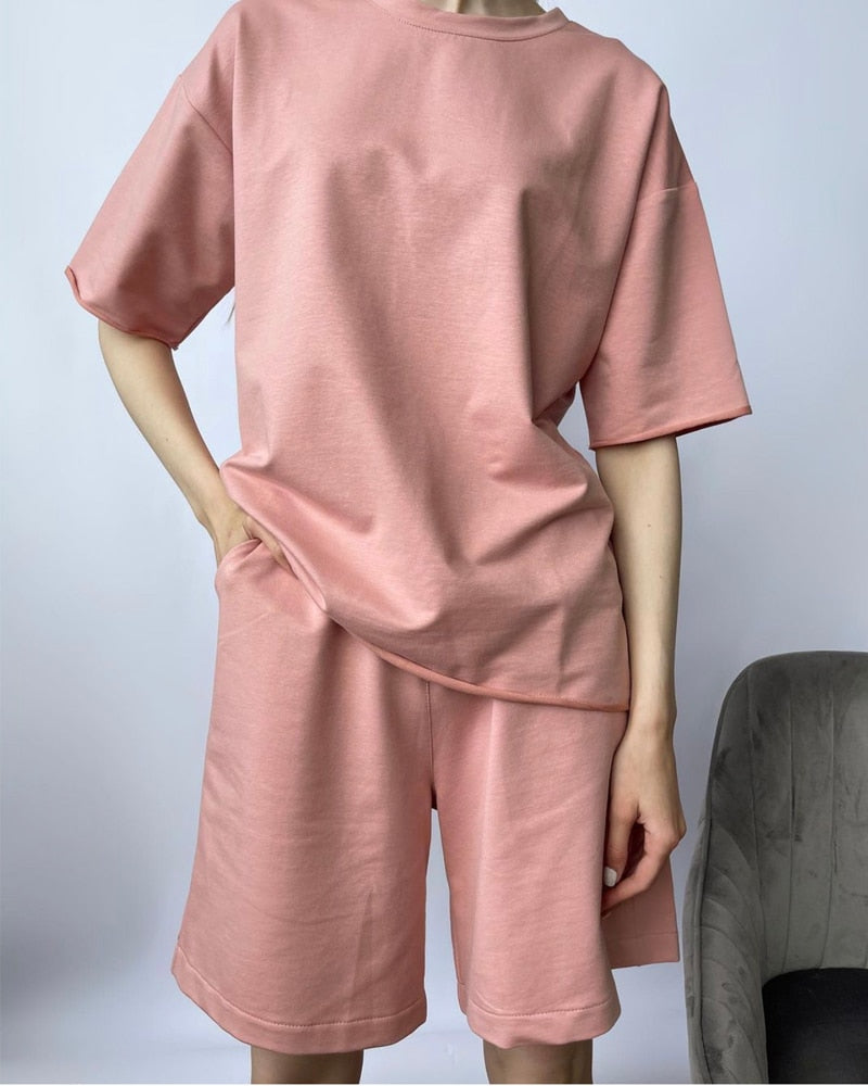 Hirsionsan Summer Cotton Sets Women Casual Two Pieces Short Sleeve T Shirts and High Waist Short Pants Solid Outfits Tracksuit