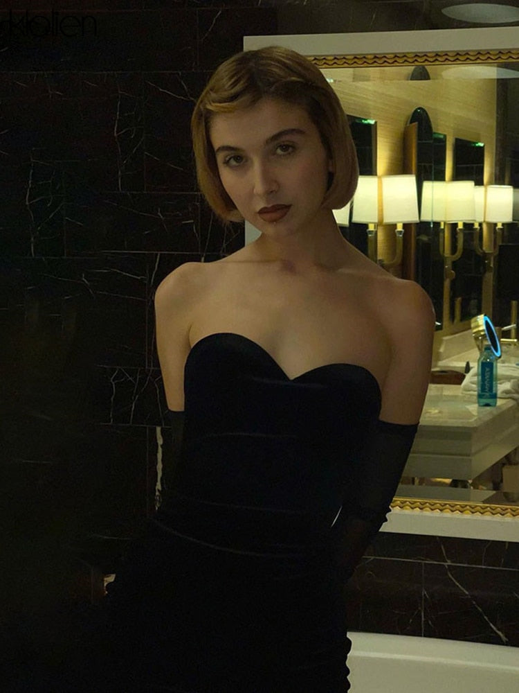 KLALIEN Fashion Sexy Party Beach Birthday Black Strapless Dress Women New Simple Slim Removable Mesh sleeves Female Dress