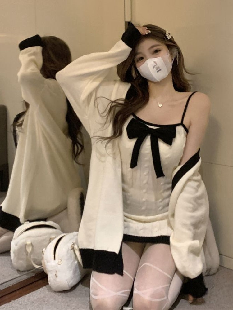 Elegant Knitted Two Piece Set Women Bow Designer Sweet Party Dress Set Female Korean Style Sweater Mini Dress Suit Winter 2022