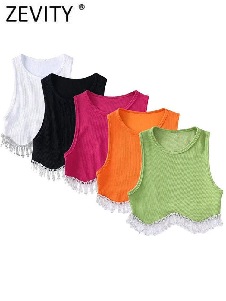 Zevity Women High Street Sexy Hem Tassel Diamond Beading Knitting T Shirt Chic Short Camis Tank Lady Slim Crop Vest Tops LS1311
