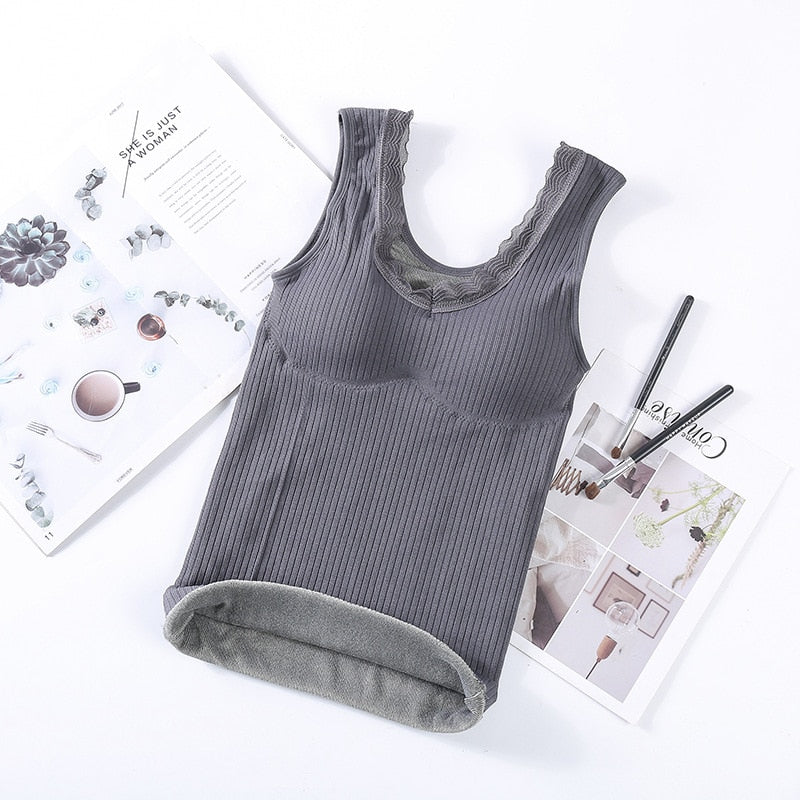 Winter Velvet Thickened Undershirt Women Solid Color Slim Cozy Thermal Underwear Camisole Warm Sling Vest Top Bottoming Clothing