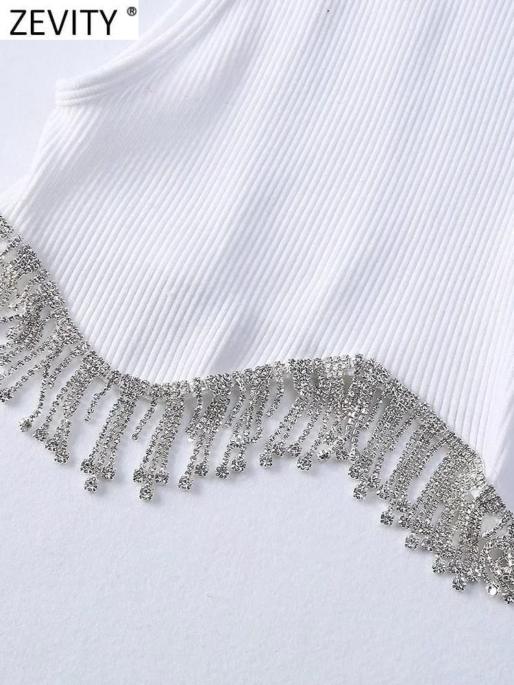 Zevity Women High Street Sexy Hem Tassel Diamond Beading Knitting T Shirt Chic Short Camis Tank Lady Slim Crop Vest Tops LS1311