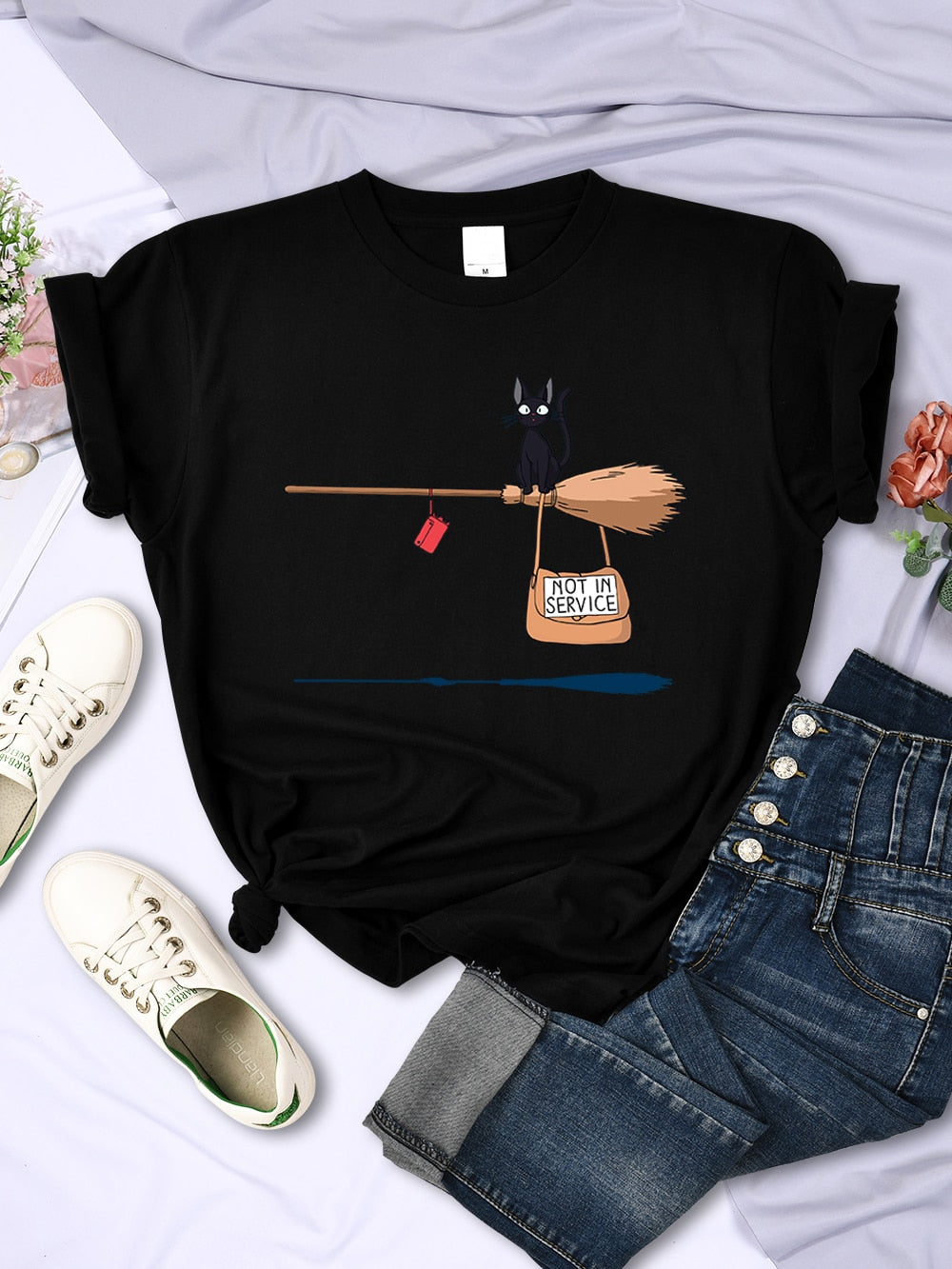 Cute Cat Not In Service Comics Tops Women Soft Cartoons Kawaii T-Shirt Fashion O-Neck Short Sleeve Female Clothing Couple Tees