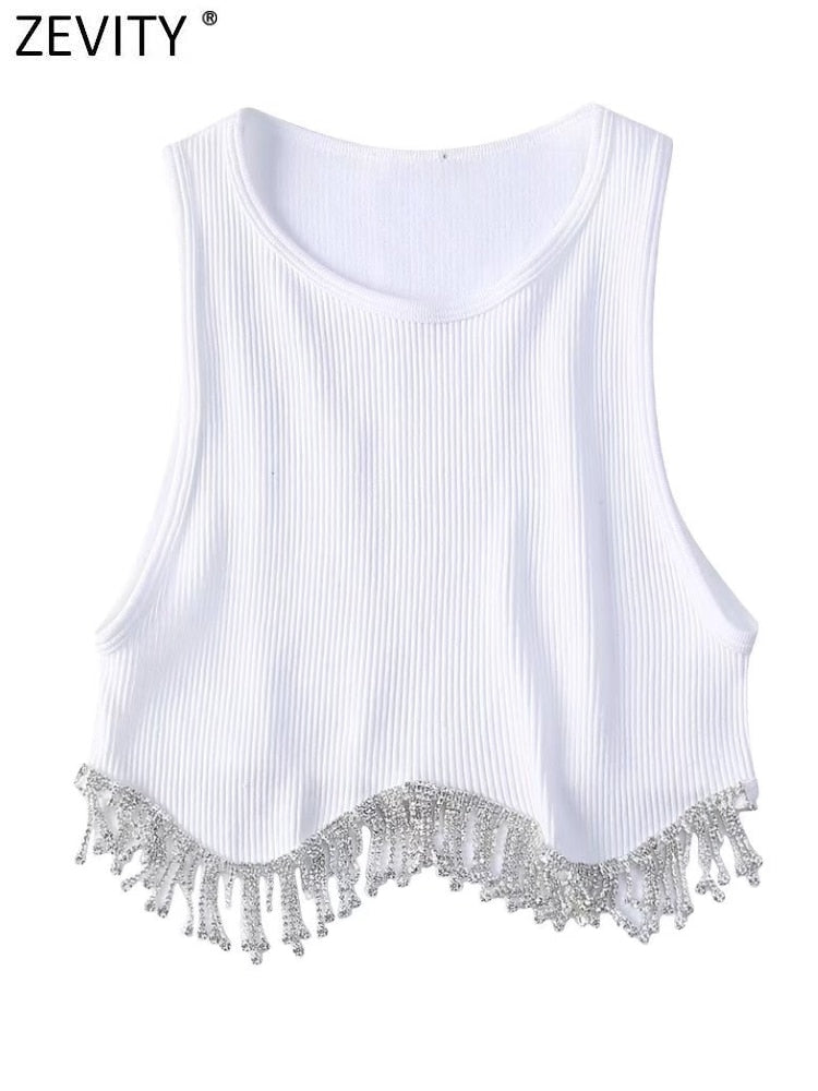 Zevity Women High Street Sexy Hem Tassel Diamond Beading Knitting T Shirt Chic Short Camis Tank Lady Slim Crop Vest Tops LS1311