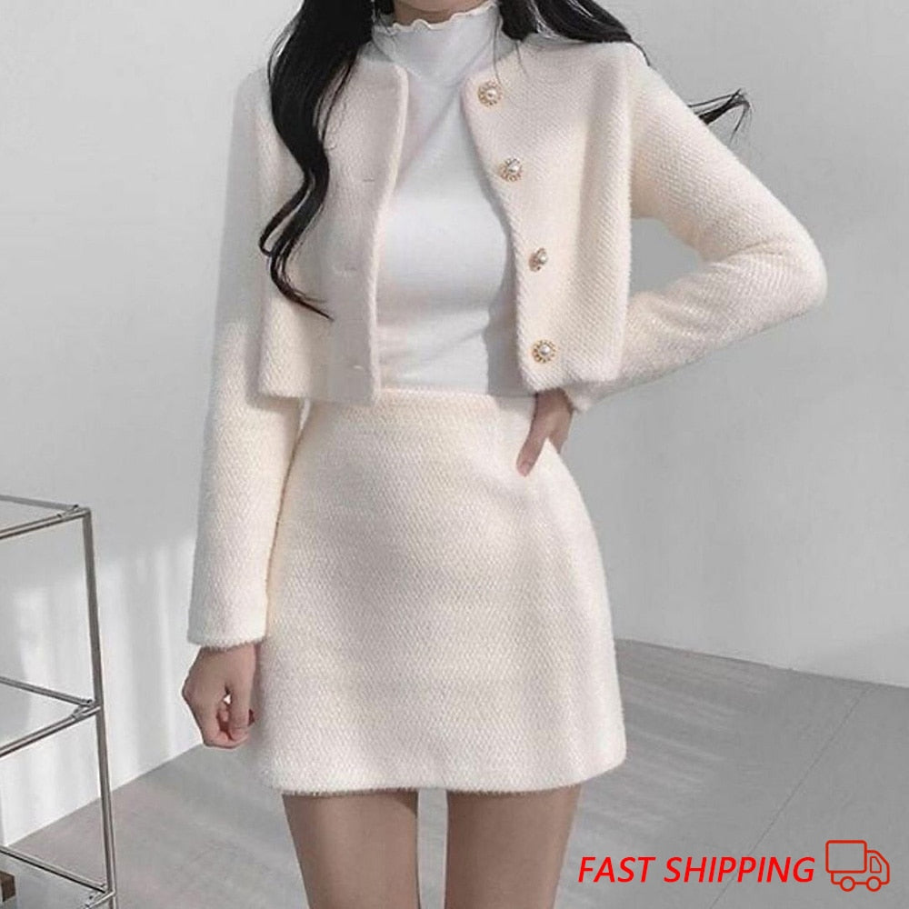 2023 Spring Summer Korean Fashion Sweet Women's Suit with Skirt Two Piece Set for Women Dress Sets Matching Outfit Elegant Tweed