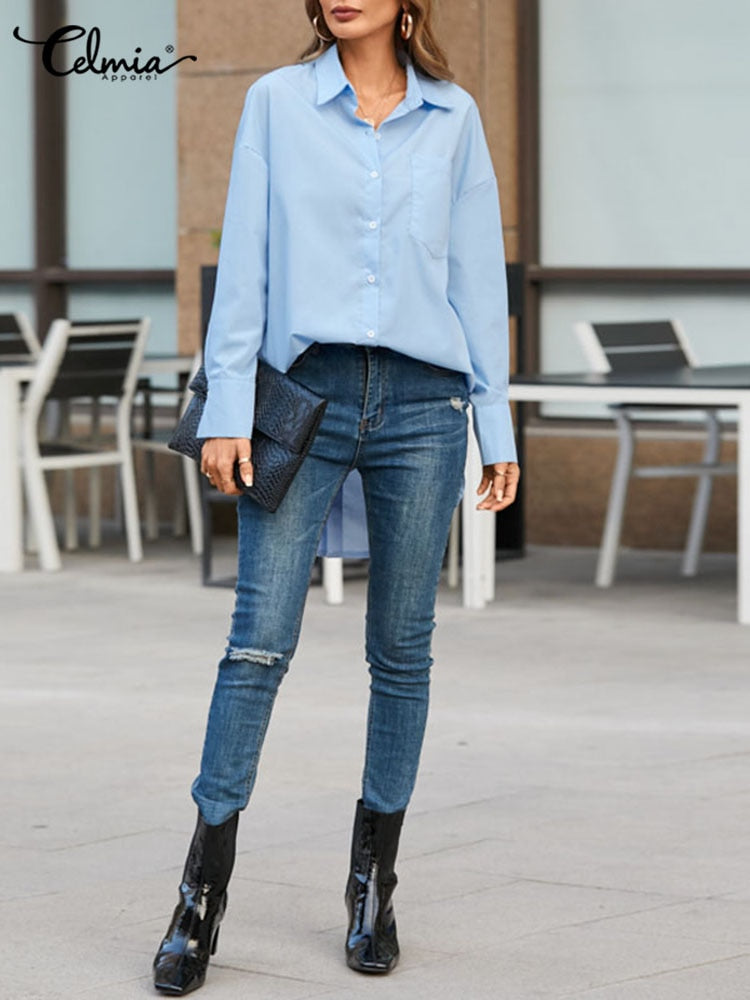 Celmia 2023 Fashion Shirts White Tunic Tops Autumn Women Long Sleeve Blouse Casual Solid Button Asymmetrical Loose Party Blusas