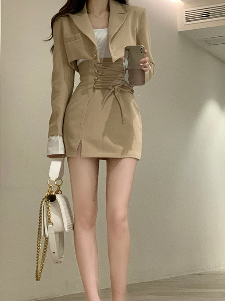 2 Piece Dress Set Women Casual Y2k Crop Tops Elegant Jacket Coats + Mini Skirts Korean Fashion Suits 2022 Autumn Blazers Dress