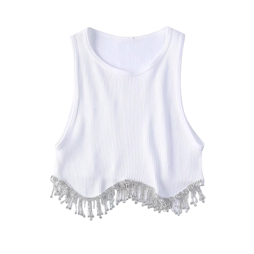 Zevity Women High Street Sexy Hem Tassel Diamond Beading Knitting T Shirt Chic Short Camis Tank Lady Slim Crop Vest Tops LS1311