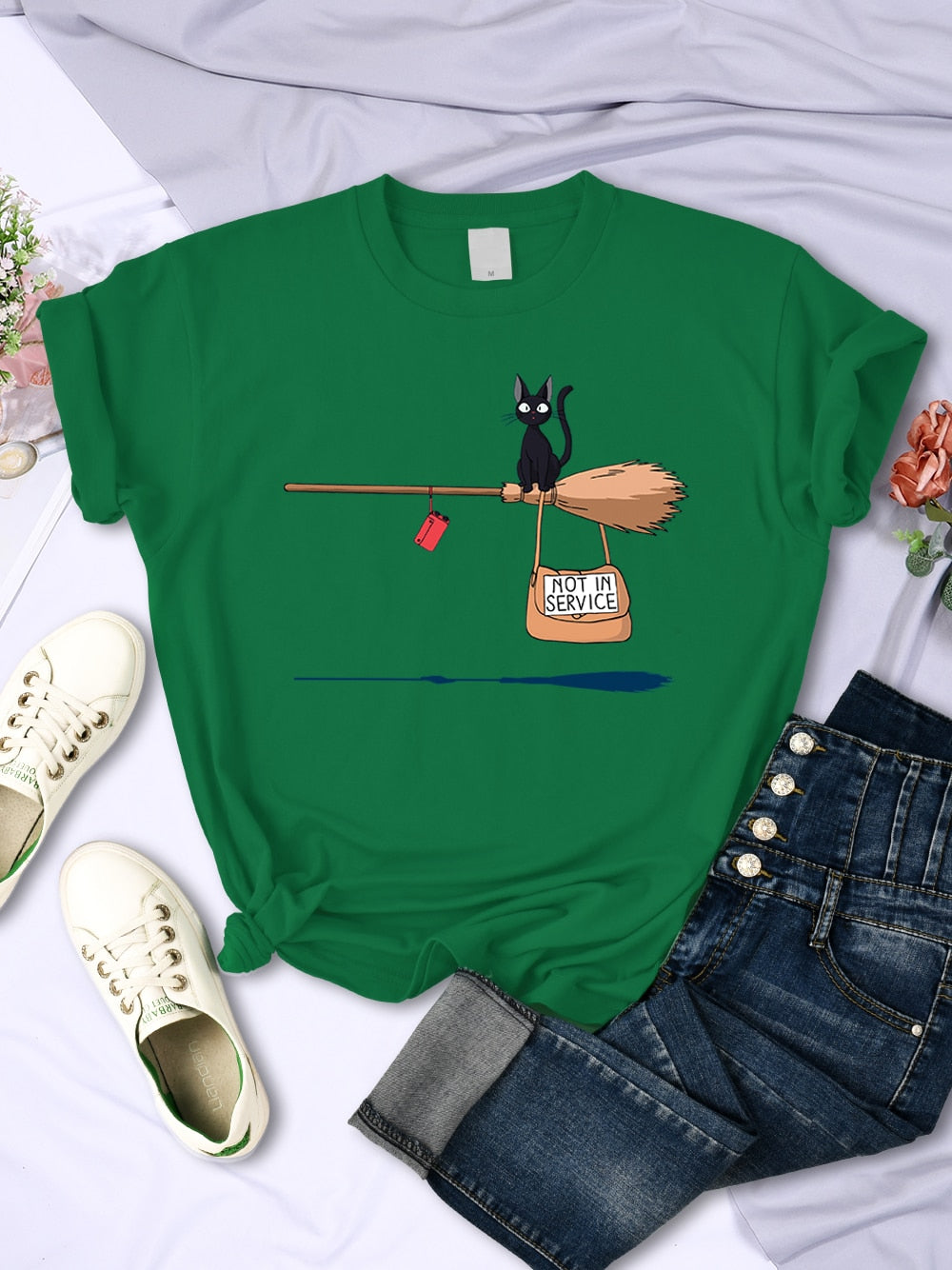 Cute Cat Not In Service Comics Tops Women Soft Cartoons Kawaii T-Shirt Fashion O-Neck Short Sleeve Female Clothing Couple Tees