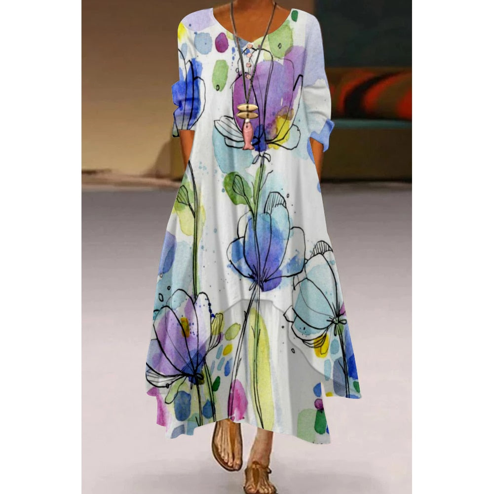 2022 Fashion Summer Maxi Dress Women's Printed Sundress Casual Short Sleeve Vestidos Female High Waist Robe Femme