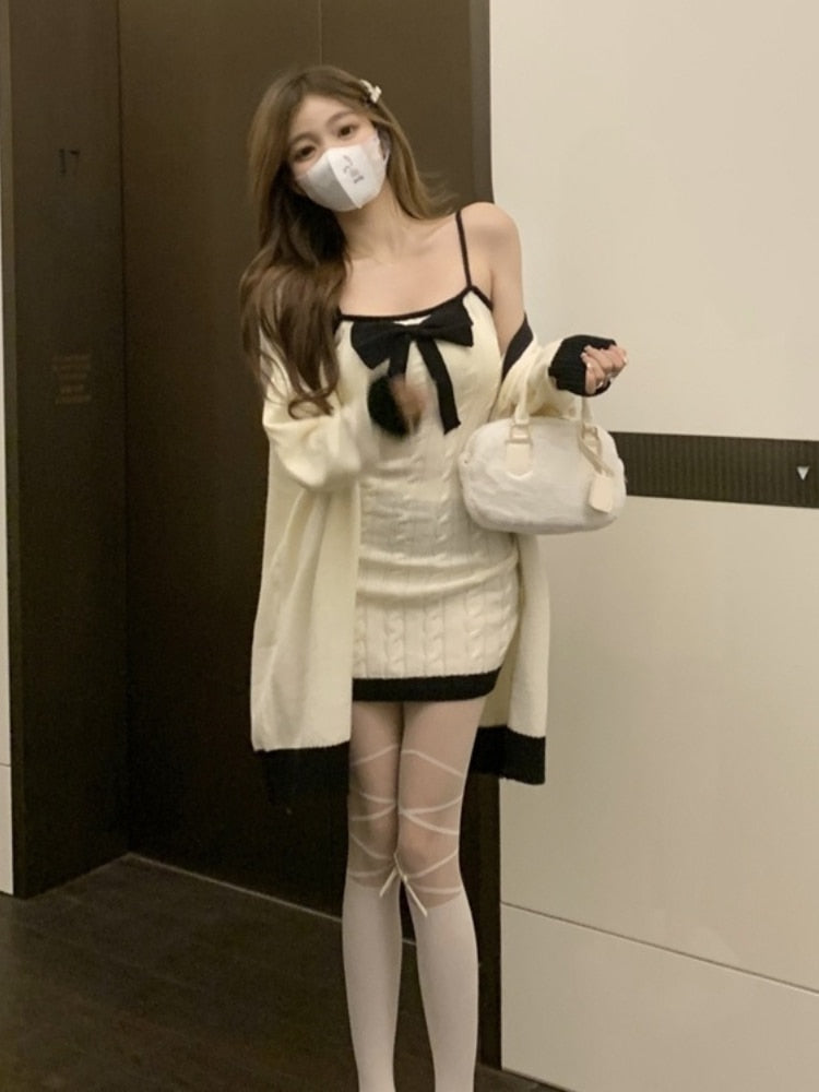 Elegant Knitted Two Piece Set Women Bow Designer Sweet Party Dress Set Female Korean Style Sweater Mini Dress Suit Winter 2022