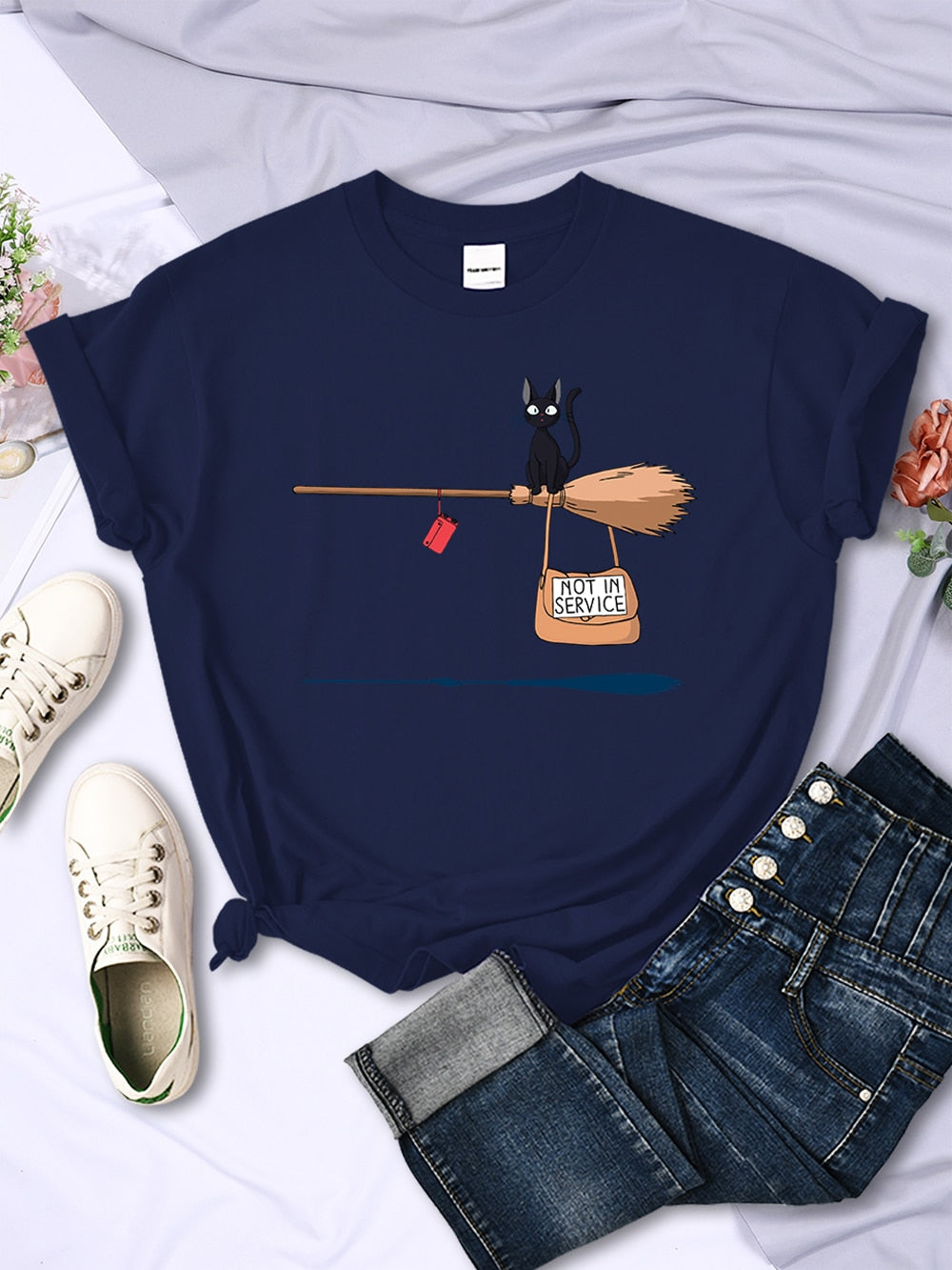 Cute Cat Not In Service Comics Tops Women Soft Cartoons Kawaii T-Shirt Fashion O-Neck Short Sleeve Female Clothing Couple Tees