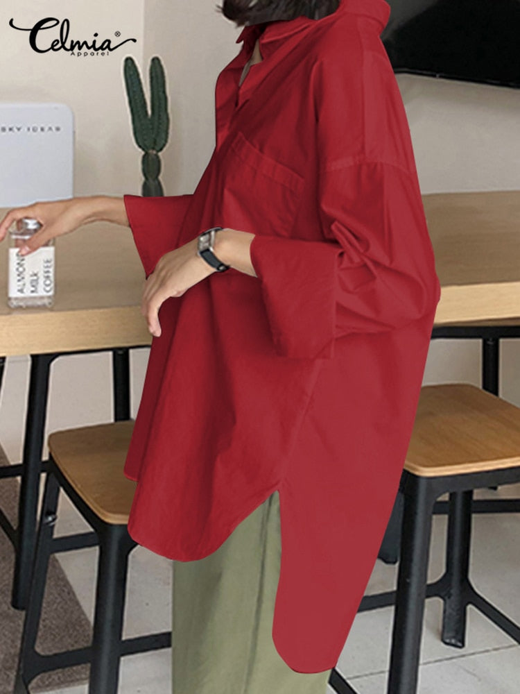 Celmia 2023 Fashion Shirts White Tunic Tops Autumn Women Long Sleeve Blouse Casual Solid Button Asymmetrical Loose Party Blusas