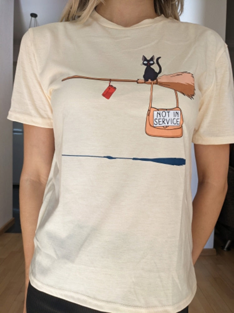Cute Cat Not In Service Comics Tops Women Soft Cartoons Kawaii T-Shirt Fashion O-Neck Short Sleeve Female Clothing Couple Tees