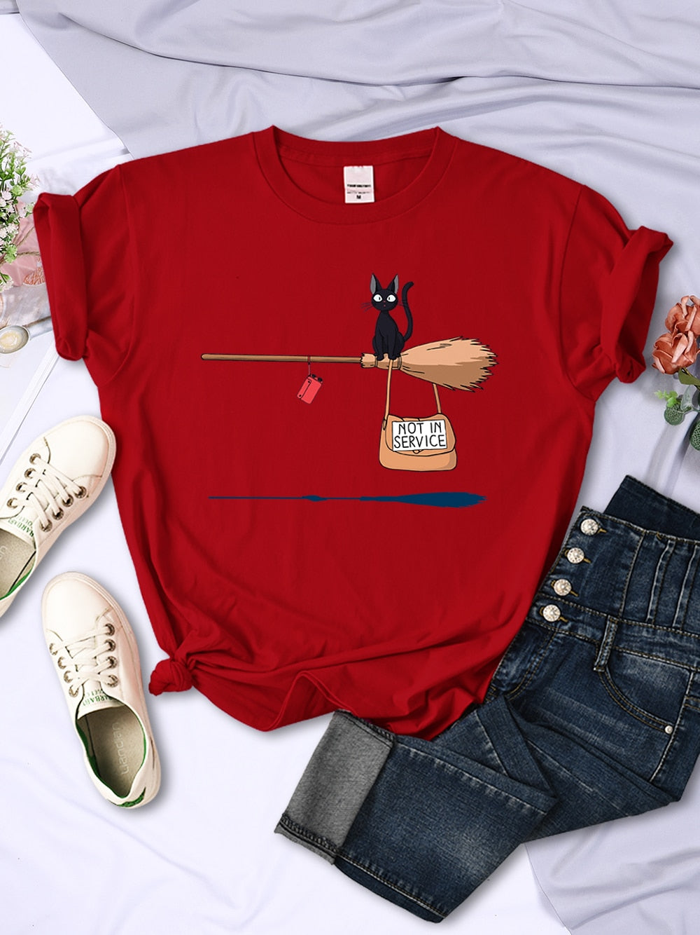 Cute Cat Not In Service Comics Tops Women Soft Cartoons Kawaii T-Shirt Fashion O-Neck Short Sleeve Female Clothing Couple Tees
