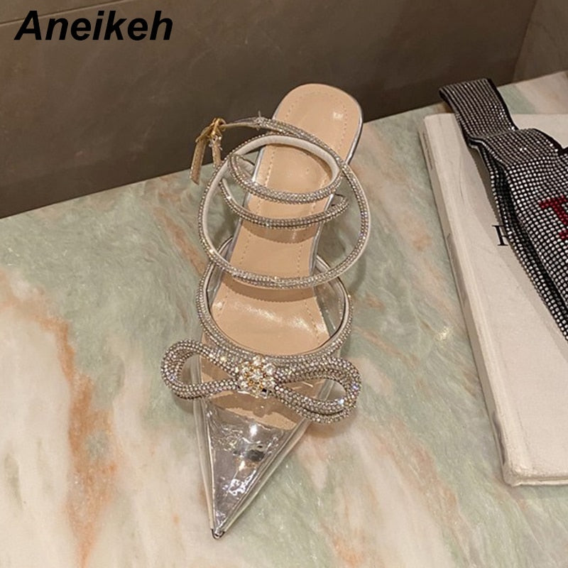 Aneikeh Spring/Autumn 2023 Women's Shoes Fashion Butterfly-Knot Narrow Band Bling Patchwork Cross-Tied Crystal Pointed Toe Pumps