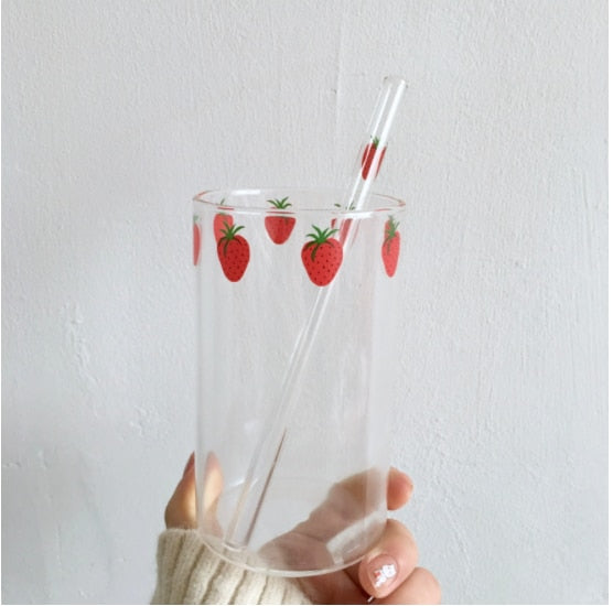 300ml Strawberry Cute Glass Cup With Straw Creative Transparent Water Cup Student Milk Heat Resistant Glass Nana