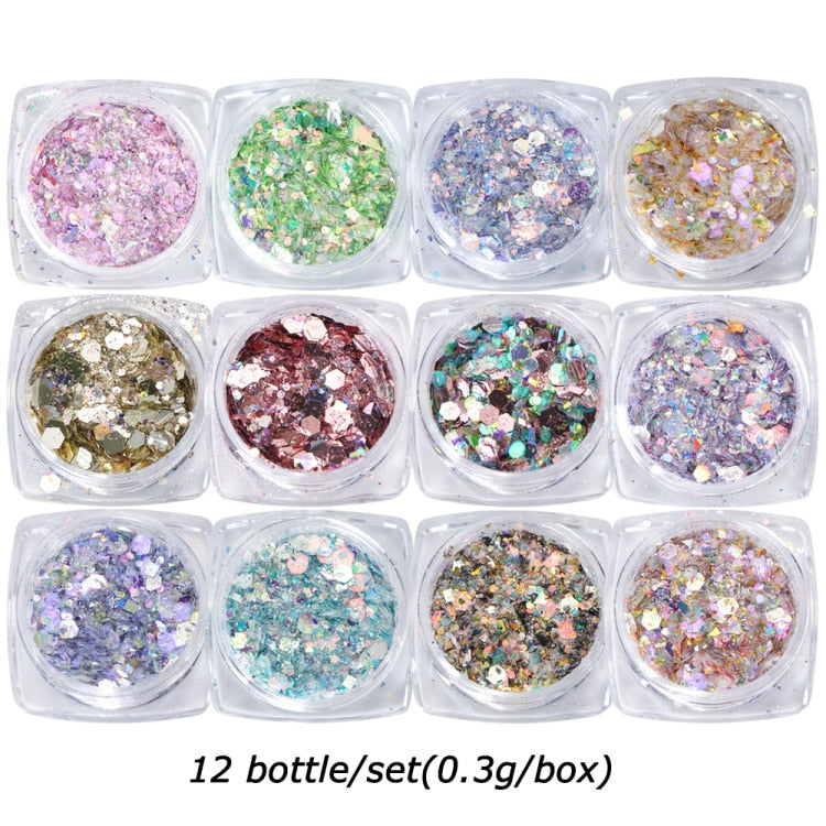 Iridescent Mixed Hexagon Nail Glitter Sequins Holo Flakes Nail Art Powder Gel Polish Paillette Manicure Accessories LADJ01-12-2