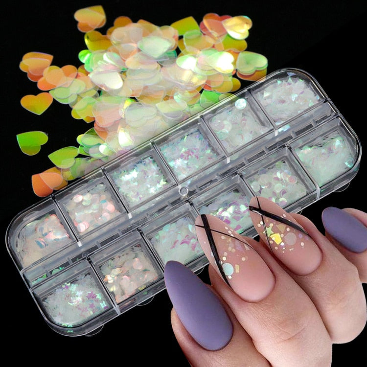 Iridescent Mixed Hexagon Nail Glitter Sequins Holo Flakes Nail Art Powder Gel Polish Paillette Manicure Accessories LADJ01-12-2