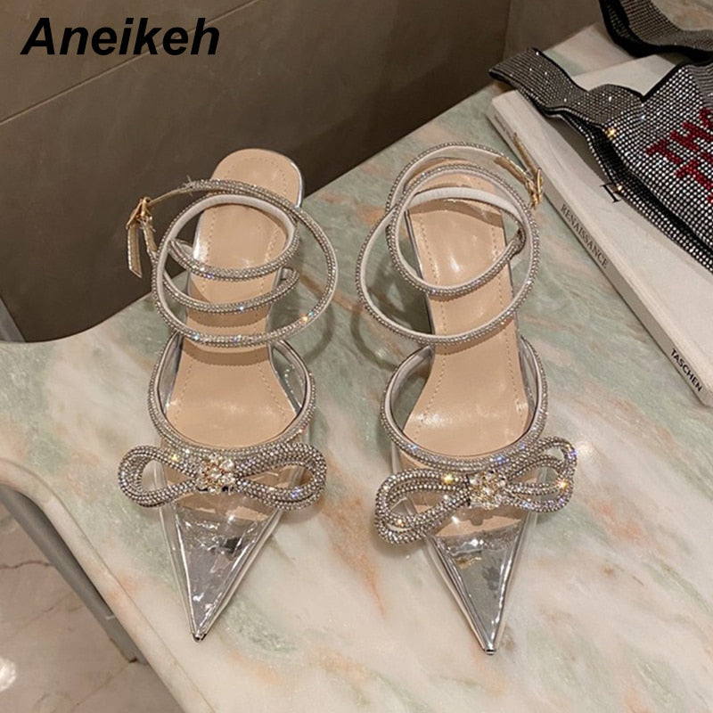 Aneikeh Spring/Autumn 2023 Women's Shoes Fashion Butterfly-Knot Narrow Band Bling Patchwork Cross-Tied Crystal Pointed Toe Pumps
