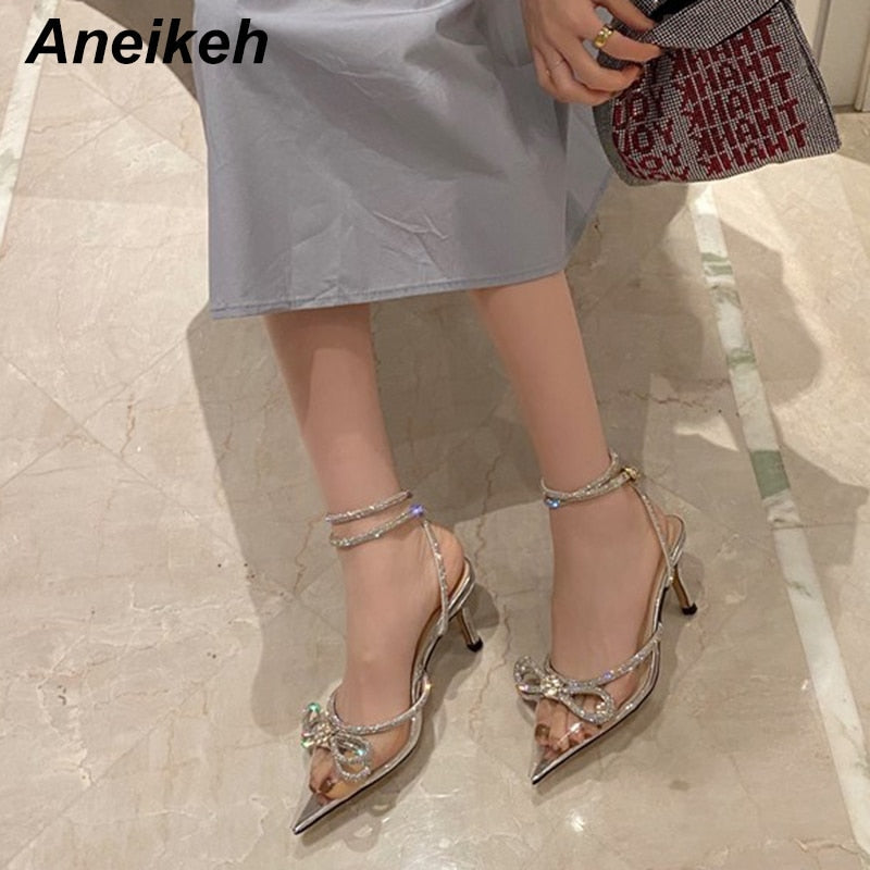 Aneikeh Spring/Autumn 2023 Women's Shoes Fashion Butterfly-Knot Narrow Band Bling Patchwork Cross-Tied Crystal Pointed Toe Pumps