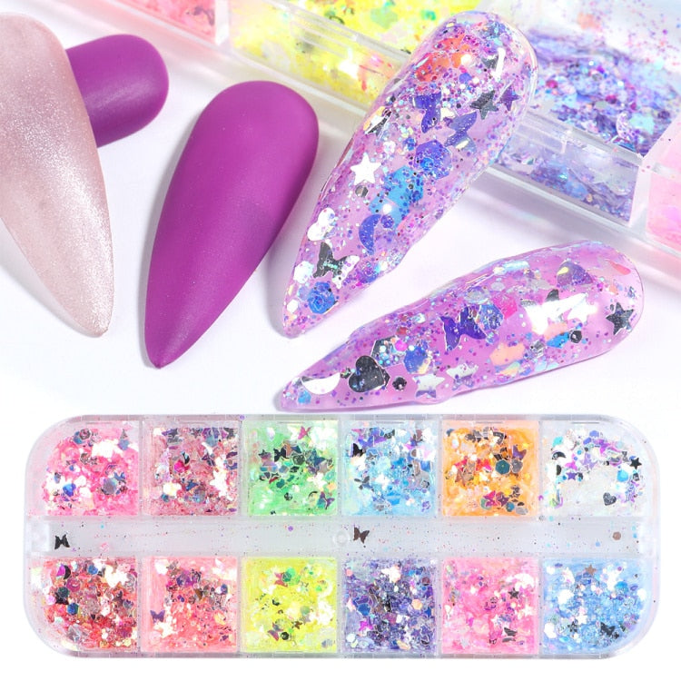 Iridescent Mixed Hexagon Nail Glitter Sequins Holo Flakes Nail Art Powder Gel Polish Paillette Manicure Accessories LADJ01-12-2