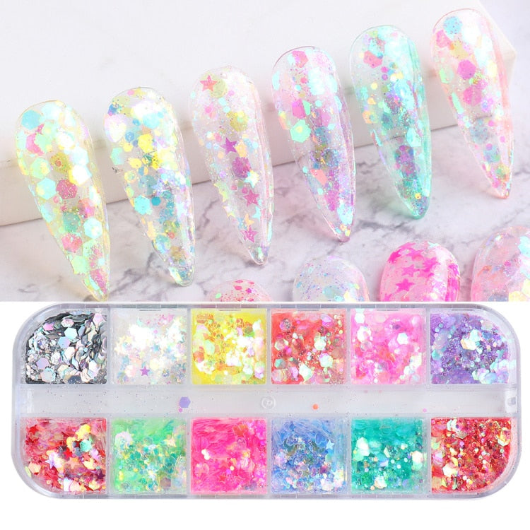 Iridescent Mixed Hexagon Nail Glitter Sequins Holo Flakes Nail Art Powder Gel Polish Paillette Manicure Accessories LADJ01-12-2