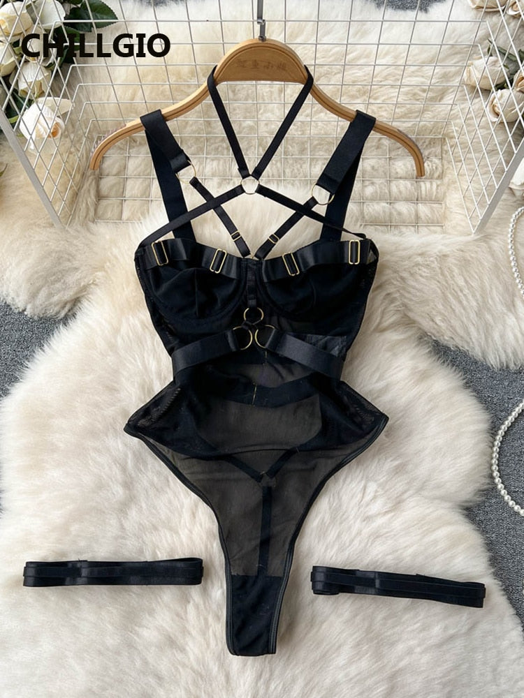 CHILLGIO Women Bodysuits Lingerie Sexy Fashion Sleepwear Hollow Combination Catsuits Slim Intimate Erotic Mesh Strappy Rompers
